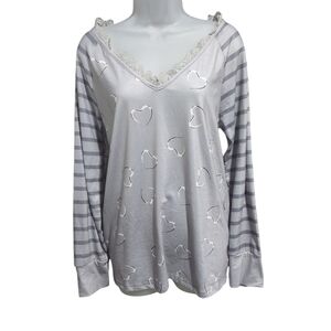 Noracora Gray Hearts Stripes Long Sleeve Top Medium
